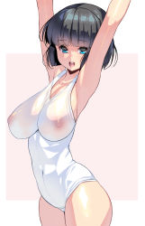 Rule 34 | 1girl, armpits, arms up, black hair, blue eyes, blunt bangs, breasts, covered erect nipples, covered navel, cowboy shot, crotch seam, highres, kouno (masao), large breasts, looking at viewer, one-piece swimsuit, open mouth, original, photoshop (medium), school swimsuit, see-through, short hair, simple background, solo, swimsuit, two-tone background, white background, white one-piece swimsuit, white school swimsuit