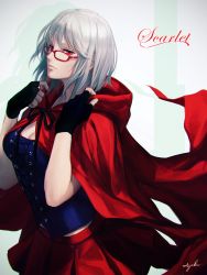Rule 34 | cape, character request, glasses, gradient background, red eyes, silver hair, skirt, striped, striped background, suda ayaka, wonderland wars