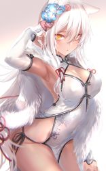 Rule 34 | 1girl, absurdres, animal ears, arched back, black panties, blush, breasts, bright pupils, capelet, cleavage, cleavage cutout, clothing cutout, covered erect nipples, covered navel, dark-skinned female, dark skin, dress, elbow gloves, eyelashes, flower, fur trim, girls&#039; frontline, gloves, hair between eyes, hair flower, hair ornament, hair ribbon, highres, large breasts, long hair, m590 (angel&#039;s trumpet) (girls&#039; frontline), m590 (girls&#039; frontline), official alternate costume, panties, parted lips, pottsness, ribbon, side-tie panties, side slit, sidelocks, simple background, solo, tress ribbon, underwear, white dress, white gloves, white hair, yellow eyes