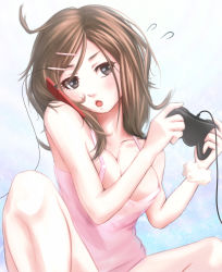 Rule 34 | 1girl, breasts, brown eyes, brown hair, cellphone, chestnut mouth, cleavage, controller, cradling phone, flying sweatdrops, game controller, gamepad, hair ornament, hairclip, hoshibuchi, large breasts, long hair, multitasking, open mouth, original, phone, playing games, solo, talking on phone
