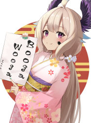 Rule 34 | 1girl, ahoge, blonde hair, blush, commentary, english commentary, english text, enna alouette, floral print, flower, green nails, hair flower, hair ornament, head wings, highres, holding, holding paper, ink, ink on face, japanese clothes, kimono, long hair, looking at viewer, nail polish, new year, nijisanji, nijisanji en, obi, paper, pink kimono, print kimono, purple eyes, purple wings, sash, smile, solo, takechi49, virtual youtuber, white flower, wings