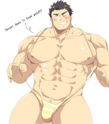 Rule 34 | 1boy, abs, bara, blush, bulge, grin, highres, large pectorals, leoandaslan (leobongnana), long sideburns, looking at viewer, male focus, male swimwear, muscular, muscular male, navel, nipples, one eye closed, pectorals, protagonist 3 (housamo), seductive smile, short hair, sideburns, slingshot swimsuit, smile, solo, stomach, striped male underwear, strongman waist, swimsuit, thick eyebrows, thick thighs, thighs, tokyo houkago summoners, topless male, yellow male swimwear