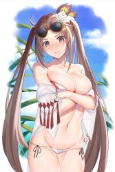 Rule 34 | 1girl, 3:, ahoge, bikini, blue sky, blush, breasts, brown eyes, brown hair, cleavage, closed mouth, collarbone, commentary request, cowboy shot, crossed arms, day, eyewear on head, fate/grand order, fate (series), forehead, groin, hair ornament, highres, kojo (0124), large breasts, long hair, lowleg, lowleg bikini, navel, nose blush, outdoors, sky, solo, stomach, straight hair, sunglasses, swimsuit, thigh gap, twintails, v-shaped eyebrows, very long hair, white bikini, yellow-framed eyewear, yu mei-ren (fate), yu mei-ren (swimsuit lancer) (fate)