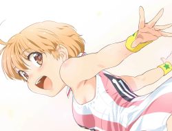 Rule 34 | 1girl, ahoge, armpits, blonde hair, brown eyes, from side, happy, highres, inoue sora, inukai kiiro, looking at viewer, looking back, mai ball!, official art, open mouth, shirt, short hair, sleeveless, sleeveless shirt, smile, soccer uniform, solo, sportswear, striped, sweat, upper body, vertical stripes, wristband