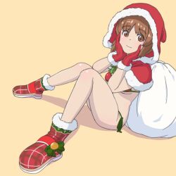 Rule 34 | 1girl, bikini, boots, bow, bowtie, brown eyes, brown hair, capelet, christmas, closed mouth, commentary, english commentary, fur-trimmed capelet, fur-trimmed footwear, fur-trimmed gloves, fur trim, girls und panzer, girls und panzer senshadou daisakusen!, gloves, green bow, green bowtie, hands on own face, highres, hood, hood up, hooded capelet, huaronanago, looking at viewer, nishizumi miho, official alternate costume, plaid footwear, red bikini, red capelet, red footwear, red gloves, sack, santa gloves, shadow, short hair, side-tie bikini bottom, simple background, sitting, smile, solo, swimsuit, yellow background