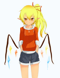 Rule 34 | 1girl, alternate costume, bad id, bad pixiv id, blonde hair, collarbone, contemporary, crystal, female focus, flandre scarlet, hair ribbon, hands in pocket, long sleeves, mantarou (shiawase no aoi tori), no headwear, no headwear, pointy ears, ribbon, short hair, shorts, siawasenoaoitori, side ponytail, solo, standing, tears, touhou, white background, wings, yellow eyes, zipper