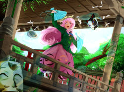 Rule 34 | 1girl, absurdres, architecture, east asian architecture, hand fan, folding fan, fox mask, happy, hata no kokoro, hi you (flying bear), highres, irony, long hair, mask, md5 mismatch, noh mask, nouhime, scenery, torii, touhou