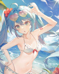 Rule 34 | 1girl, absurdres, arm tattoo, arm up, bare arms, beach, bikini, blue hair, blue sky, blurry, blurry foreground, breasts, cleavage, collarbone, commentary request, day, dutch angle, eyewear on head, floating hair, flower, frilled bikini, frills, front-tie bikini top, front-tie top, green eyes, gyun 0508, hair between eyes, hair flower, hair ornament, halterneck, hand on own hip, hatsune miku, heart, heart-shaped eyewear, hibiscus, highres, lens flare, long hair, multi-strapped bikini bottom, navel, ocean, open mouth, outdoors, red flower, side-tie bikini bottom, sideboob, sky, small breasts, solo, standing, summer, sunglasses, swimsuit, tattoo, twintails, underboob, very long hair, vocaloid, white bikini