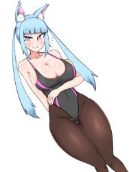 Rule 34 | 1girl, animal ear fluff, animal ears, arm behind back, black pantyhose, blue hair, blunt bangs, blush, breasts, cleavage, covered navel, dutch angle, flying sweatdrops, fox ears, groin, long hair, looking at viewer, madoro, one-piece swimsuit, original, pantyhose, pantyhose under swimsuit, purple eyes, simple background, smile, solo, swimsuit, twintails, white background