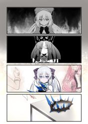 Rule 34 | 1boy, 2girls, baobhan sith (fate), baobhan sith (first ascension) (fate), beret, blue eyes, command spell, crown, expressionless, fate/grand order, fate (series), fire, fujimaru ritsuka (male), fukiya (fumiakitoyama), greyscale, hat, highres, monochrome, morgan le fay (fate), morgan le fay (queen of winter) (fate), multiple girls, ponytail, silver hair, smile, spoilers, table, aesc (fate), unworn crown, veil