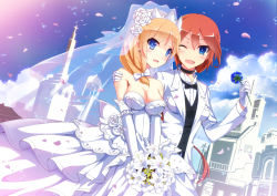 Rule 34 | 2girls, blonde hair, blue eyes, blush, bouquet, bow, bridal veil, bride, cloud, couple, day, dress, elbow gloves, flower, formal, gloves, groom, hair bow, highres, long hair, mole, mole under eye, multiple girls, nelson (warship girls r), one eye closed, open mouth, red hair, rodney (warship girls r), sky, smile, suit, uiu, veil, warship girls r, wedding, wedding dress, wife and wife, yuri