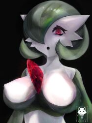 Rule 34 | 1girl, ars lycorys, artist name, black background, bob cut, breasts, colored skin, creatures (company), female focus, game freak, gardevoir, gen 3 pokemon, green hair, green skin, hair over one eye, highres, large breasts, looking at viewer, multicolored skin, nintendo, nipples, one eye covered, open mouth, pokemon, pokemon (creature), red eyes, short hair, simple background, solo, standing, teeth, two-tone skin, upper body, watermark, white skin