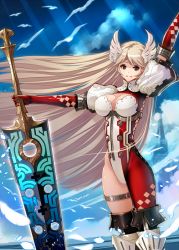 Rule 34 | 1girl, anklet, arm up, armor, armored boots, asymmetrical clothes, asymmetrical legwear, bird, blonde hair, blue eyes, bodysuit, boots, breasts, building, cleavage, cloud, elbow gloves, feathers, gloves, greatsword, head wings, hirobee, holding, holding sword, holding weapon, jewelry, knee boots, long hair, looking at viewer, mismatched legwear, outdoors, outstretched arm, outstretched arms, puffy short sleeves, puffy sleeves, red gloves, short sleeves, single pantsleg, skin tight, sky, solo, sword, very long hair, weapon, white wings, wind, wings