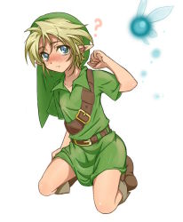 Rule 34 | 1boy, aged down, blonde hair, blue eyes, blush, child, clenched hand, hat, kneeling, link, looking at viewer, male focus, mimitchilove, navi, nintendo, nipples, pointy ears, shiny skin, simple background, solo, the legend of zelda, the legend of zelda: ocarina of time, white background, young link