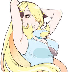 Rule 34 | 1girl, armpits, arms behind head, blonde hair, blue shirt, blush, breasts, brown eyes, chorimokki, cleavage, creatures (company), cynthia (pokemon), game freak, hair ornament, hair over one eye, large breasts, long hair, nintendo, pokemon, pokemon (anime), pokemon bw (anime), shirt, simple background, solo, white background