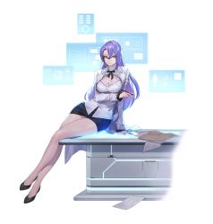 Rule 34 | 1girl, arm support, bare legs, black footwear, black skirt, breasts, cleavage, flats, full body, glasses, grey jacket, grey shirt, hair between eyes, highres, holding, holographic interface, jacket, king&#039;s raid, large breasts, long hair, long sleeves, looking at viewer, miniskirt, office lady, official art, open clothes, open jacket, orange eyes, over-rim eyewear, pen, pencil skirt, purple hair, semi-rimless eyewear, shirt, sitting, skirt, solo, thighs, valance (king&#039;s raid)