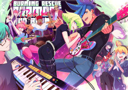 Rule 34 | 3girls, 6+boys, aina ardebit, bae (baebae), band, blue hair, cymbals, drum, drum set, drumsticks, electric guitar, galo thymos, green hair, gueira, guitar, heris ardebit, ignis ex, instrument, keyboard (instrument), lio fotia, lucia fex, male focus, meis (promare), microphone stand, multiple boys, multiple girls, music, pink hair, playing instrument, promare, purple eyes, remi puguna, synthesizer, tambourine, varys truss