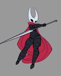 Rule 34 | 1girl, absurdres, black bodysuit, bodysuit, cape, grey background, highres, holding, holding sword, holding weapon, hollow knight, hornet (hollow knight), horns, loen, looking at viewer, red cape, simple background, solo, sword, weapon