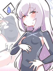 Rule 34 | 1girl, 1other, absurdres, atsuko (blue archive), black bodysuit, blue archive, blush, bodysuit, closed mouth, grey halo, hair between eyes, halo, highres, long hair, looking at viewer, multiple views, purple hair, red eyes, scissors, shoeguy, simple background, solo focus, spoken sweatdrop, sweatdrop, white background