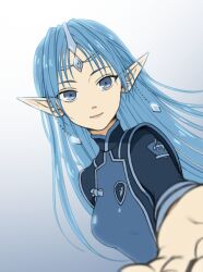Rule 34 | 1girl, blue eyes, blue hair, bodysuit, breasts, circlet, commentary, earrings, essence (swtmiss), gradient background, grey background, jewelry, lafiel, long sleeves, looking at viewer, outstretched hand, pointy ears, seikai no senki, small breasts, solo, upper body