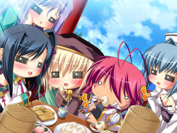 5girls antenna_hair black_hair blonde_hair blush chopsticks chouun food game_cg kan&#039;u_unchou_(koihime) katagiri_hinata koihime_musou kouchuu long_hair multiple_girls pink_hair ponytail ryofu shokatsuryou short_hair tattoo