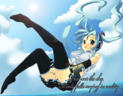 Rule 34 | 1girl, aqua eyes, aqua hair, black thighhighs, covering privates, covering crotch, detached sleeves, falling, hatsune miku, legs, necktie, pleated skirt, skirt, skirt tug, solo, thighhighs, twintails, vocaloid, zettai ryouiki