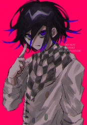 Rule 34 | 1boy, ahoge, black hair, checkered clothes, checkered neckwear, checkered scarf, commentary request, danganronpa (series), danganronpa v3: killing harmony, grey jacket, grey scarf, hair between eyes, index finger raised, jacket, joh pierrot, long sleeves, looking at viewer, male focus, messy hair, multicolored hair, oma kokichi, pink background, purple eyes, purple hair, scarf, simple background, solo, upper body