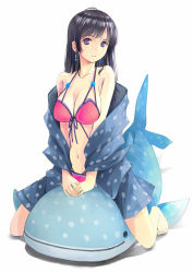 Rule 34 | 1girl, barefoot, bikini, bikini under clothes, black eyes, black hair, blue shirt, blue shorts, breasts, commentary, earrings, front-tie bikini top, front-tie top, full body, highres, inflatable toy, inflatable whale, jewelry, jinbei (clothes), kneeling, large breasts, light frown, long hair, looking at viewer, navel, off shoulder, original, parted lips, polka dot, red background, shirt, shorts, simple background, sitting, solo, straddling, swimsuit, v arms, white background, yurikuta tsukumi
