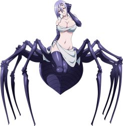 Rule 34 | 10s, 1girl, arthropod girl, bra, breasts, cleavage, female focus, gloves, insect girl, large breasts, midriff, monster girl, monster musume no iru nichijou, navel, official art, rachnera arachnera, red eyes, short hair, smile, solo, spider girl, standing, underwear