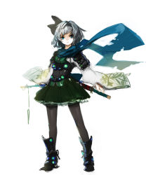 Rule 34 | 1girl, adapted costume, aqua eyes, boots, expressionless, full body, hairband, katana, konpaku youmu, looking at viewer, scarf, short hair, silver hair, sketch, skirt, solo, standing, sword, thighhighs, tlman, touhou, weapon, white background, wide sleeves
