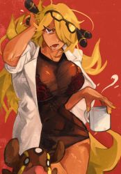 Rule 34 | 1girl, adjusting hair, angry, blonde hair, bra, bra visible through clothes, breasts, coat, coffee mug, creatures (company), cup, cynthia (pokemon), dress, eyewear on head, game freak, gastrodon, gastrodon (west), gen 4 pokemon, glasses, highres, khyle., lab coat, large breasts, messy hair, mug, nail polish, navel, nintendo, obi, pokemon, pokemon (creature), pokemon dppt, red background, red bra, sash, see-through, see-through dress, thighs, underwear, white coat, yellow nails