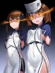 Rule 34 | 2girls, ainu clothes, breast conscious, brown eyes, brown hair, chain, commentary request, cosplay, flat chest, glowing, glowing eyes, gradient background, hair between eyes, kamoi (kancolle), kamoi (kancolle) (cosplay), kantai collection, multiple girls, open mouth, ryuujou (kancolle), shaded face, short hair, taihou (kancolle), twintails, unowen, visor cap