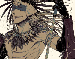Rule 34 | 1boy, aztec, bare shoulders, blonde hair, blue eyes, braid, fate/grand order, fate (series), gloves, hair ornament, holding, holding polearm, holding weapon, long hair, looking at viewer, male focus, polearm, simple background, smile, solo, tattoo, tezcatlipoca (fate), tezcatlipoca (third ascension) (fate), traditional clothes, twin braids, upper body, weapon, white background, yuuzuki230