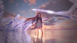 Rule 34 | 1girl, arm behind back, black choker, black cloak, blurry, blurry background, choker, cloak, closed mouth, cloud, cloudy sky, collarbone, cross, crystal, earrings, glint, halo, highres, holding, holding cross, ishida tatsuki, jewelry, lens flare, long hair, original, outdoors, red eyes, red hair, reflection, sky, solo, standing, sunrise, very long hair, water
