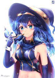 Rule 34 | 1girl, adapted costume, alternate breast size, alternate costume, artist logo, artist name, bad id, bad pixiv id, between breasts, blue eyes, blue gloves, blue hair, blue hat, blush, breasts, cape, chinchongcha, crop top, elbow gloves, fire emblem, fire emblem awakening, glint, gloves, hair between eyes, halloween, hat, highres, long hair, looking at viewer, lucina (fire emblem), mask, medium breasts, midriff, navel, nintendo, removing mask, sideboob, simple background, smile, solo, strap between breasts, symbol-shaped pupils, tiara, upper body, white background, witch hat