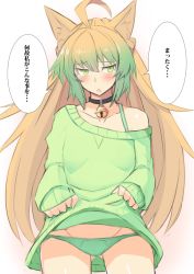 Rule 34 | 1girl, ahoge, animal ear fluff, animal ears, atalanta (fate), bell, neck bell, blonde hair, blush, cat ears, choker, clothes lift, collarbone, fate/grand order, fate (series), gluteal fold, green eyes, green hair, green panties, green sweater, groin, lifting own clothes, long hair, looking to the side, multicolored hair, nahu, off shoulder, panties, self exposure, solo, sweater, sweater lift, translation request, underwear, white background