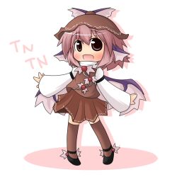Rule 34 | 1girl, animal ears, bad id, bad pixiv id, blush, brown dress, brown thighhighs, chibi, dress, female focus, full body, grey eyes, hat, music, mystia lorelei, open mouth, pink hair, shinshia, simple background, singing, solo, thighhighs, touhou, white background, wings