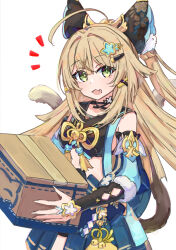 Rule 34 | 1girl, :d, animal ears, black choker, box, bridal gauntlets, brown tail, choker, cowboy shot, crop top, detached sleeves, fake animal ears, fang, genshin impact, green eyes, hair ornament, highres, holding, holding box, kirara (genshin impact), light brown hair, long sleeves, looking at viewer, multiple tails, notice lines, open mouth, sateto (user knrf2332), simple background, skin fang, smile, solo, star (symbol), star hair ornament, tail, two tails, white background