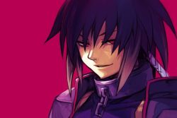 Rule 34 | 1boy, albel nox, chain, collar, commentary request, grin, half-closed eyes, hungry clicker, looking at viewer, male focus, metal collar, parted lips, pink background, purple hair, red eyes, simple background, smile, solo, star ocean, star ocean till the end of time, upper body