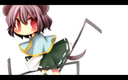 Rule 34 | &gt;:), 1girl, animal ears, bad id, bad pixiv id, chibi, dowsing rod, female focus, grey hair, letterboxed, mouse ears, mouse tail, nazrin, no nose, pasutel, red eyes, short hair, smile, solo, tail, touhou, v-shaped eyebrows