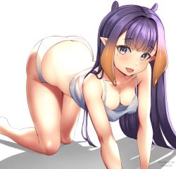 Rule 34 | 1girl, :d, absurdres, all fours, bare shoulders, black hair, blunt bangs, breasts, crawling, downblouse, hanging breasts, highres, hololive, hololive english, long hair, looking at viewer, medium breasts, mole, mole under eye, ninomae ina&#039;nis, no bra, open mouth, panties, pointy ears, smile, solo, twitter username, underwear, valtaur tw, virtual youtuber, white panties
