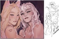 Rule 34 | 2girls, ahri (league of legends), animal ears, asymmetrical bangs, bare shoulders, blonde hair, blue eyes, blue eyeshadow, blush, breasts, dated, demon, demon girl, evelynn (league of legends), eyeshadow, fox ears, fox girl, highres, kiss, league of legends, lipstick mark, long hair, looking at viewer, makeup, medium breasts, messy hair, multiple girls, parted lips, red lips, seansketches, sidelocks, signature, slit pupils, squinting, the baddest ahri, the baddest evelynn, unfinished, upper body, white hair, yellow eyes, yuri
