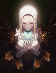 Rule 34 | absurdres, aponia (honkai impact), black background, black dress, blonde hair, blood, bloody tears, blue butterfly, blue eyes, blush, breast curtain, breasts, bug, butterfly, butterfly wings, choker, closed mouth, cross, dress, glowing, glowing butterfly, glowing wings, hair between eyes, half-closed eyes, halo, hands up, highres, honkai (series), honkai impact 3rd, insect, insect wings, krin (krinnin), large breasts, light particles, long hair, long sleeves, looking at hands, looking away, looking down, own hands together, solo, underboob, veil, w arms, wings