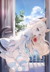 Rule 34 | 1girl, absurdres, amafuyu, animal ears, blue eyes, blue neckerchief, blue sailor collar, blue sky, bread, bread slice, cat ears, cat tail, cloud, commentary request, day, dress, food, food in mouth, from behind, hair ribbon, highres, jam, long hair, mouth hold, neckerchief, open door, original, panties, puffy short sleeves, puffy sleeves, ribbon, sailor collar, shoes, short sleeves, sky, solo, standing, standing on one leg, striped clothes, striped panties, striped thighhighs, tail, tail raised, thighhighs, toast, toast in mouth, underwear, white dress, white footwear, white hair, white ribbon