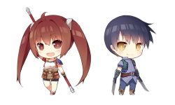Rule 34 | 1boy, 1girl, :d, ahoge, arm up, blue hair, blush, boots, brown eyes, brown hair, chibi, cross-laced footwear, dual wielding, eiyuu densetsu, estelle bright, full body, holding, holding weapon, joshua bright, long hair, looking at viewer, open mouth, saru, shoes, short hair, simple background, smile, sora no kiseki, staff, sword, twintails, very long hair, weapon, white background, yellow eyes