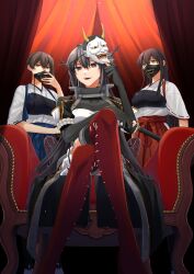 3girls akagi_(kancolle) armor black_gloves black_hair breasts brown_eyes brown_hair elbow_gloves gloves hakama hakama_skirt headgear helmet highres japanese_armor japanese_clothes kabuto_(helmet) kaga_(kancolle) kantai_collection katana large_breasts long_hair machi_(ritovoyage) mask mask_on_head multiple_girls muneate nagato_(kancolle) nagato_kai_ni_(kancolle) noh_mask oni_mask partially_fingerless_gloves pleated_skirt side_ponytail sitting skirt sword weapon