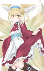 Rule 34 | 1girl, absurdres, alternate costume, animal ear fluff, animal ears, arknights, blonde hair, blue hairband, blush, braid, commentary request, dress, feet out of frame, fox ears, fox girl, fox tail, hairband, heimu (heim kstr), highres, holding, holding clothes, holding dress, infection monitor (arknights), long sleeves, looking at viewer, multiple tails, orange eyes, solo, suzuran (arknights), tail