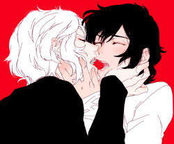 Rule 34 | 2boys, angelo sauper, banagher links, black hair, closed eyes, frown, fruit, gundam, gundam unicorn, hands on another&#039;s cheeks, hands on another&#039;s face, male focus, multiple boys, open mouth, red background, simple background, snj, strawberry, white hair, yaoi
