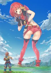 Rule 34 | 1boy, 1girl, absurdres, ass, blush, bodysuit, breasts, brown hair, crotchless, crotchless pants, day, field, fingerless gloves, giant, giantess, gloves, hair ornament, highres, huge giantess, jewelry, large breasts, long hair, looking at viewer, nintendo, one eye closed, pyra (xenoblade), red eyes, red hair, rex (xenoblade), short hair, sidelocks, sky, smile, thighhighs, uru (uru0000), xenoblade chronicles (series), xenoblade chronicles 2, yellow eyes
