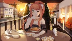 Rule 34 | 1girl, absurdres, artist name, bare shoulders, bowl, bread, brown hair, candle, commentary, doki doki literature club, dusk, eating, english commentary, food, food on face, fork, green eyes, hair ribbon, highres, house, jewelry, knife, lamppost, long hair, looking at viewer, monika (doki doki literature club), one eye closed, outdoors, pasta, plate, ponytail, ribbon, ring, sasoura, scarf, unworn scarf, sidelocks, solo, spaghetti, spoon, table, tree, white ribbon, white scarf